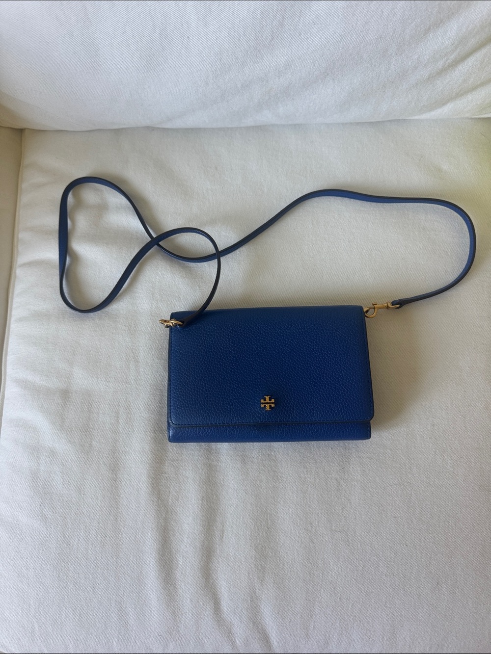 Tory Burch Pebbled Leather Crossbody in Royal Blue with Gold Hardware